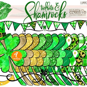 May include: A set of 12 digital scrapbook paper designs featuring shamrocks, glitter, and gold accents. The papers are 4 inches wide and perfect for creating St. Patrick's Day crafts.