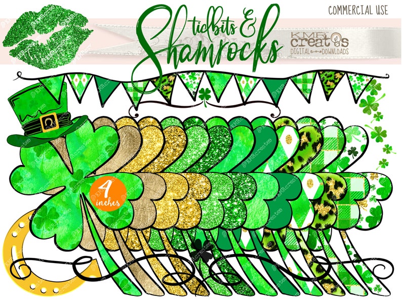 May include: A set of 12 digital scrapbook paper designs featuring shamrocks, glitter, and gold accents. The papers are 4 inches wide and perfect for creating St. Patrick's Day crafts.