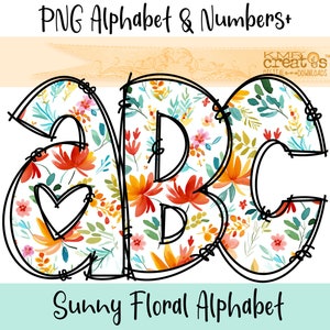 Letras florais ensolaradas flores aquarela, alfa floral laranja, letras doodle png, rabiscos desenhados à mão, doodle alfa png, números florais pngs