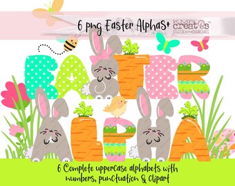 Easter Doodle Alphabet PNG: Bunny & Carrot Letters, Kawaii Clipart (Digital Download)