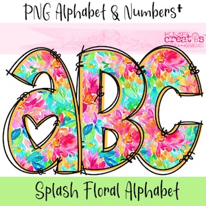 Alphabet floral Splash aquarelle png, alpha arc-en-ciel lumineux, chiffres floraux png, lettres de griffonnage alpha, lettres de fleurs png, griffonnage floral