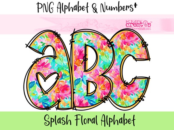 Watercolor Splash Floral Alphabet png, bright rainbow alpha, floral numbers png, alpha doodle letters, png flower letters, floral doodle