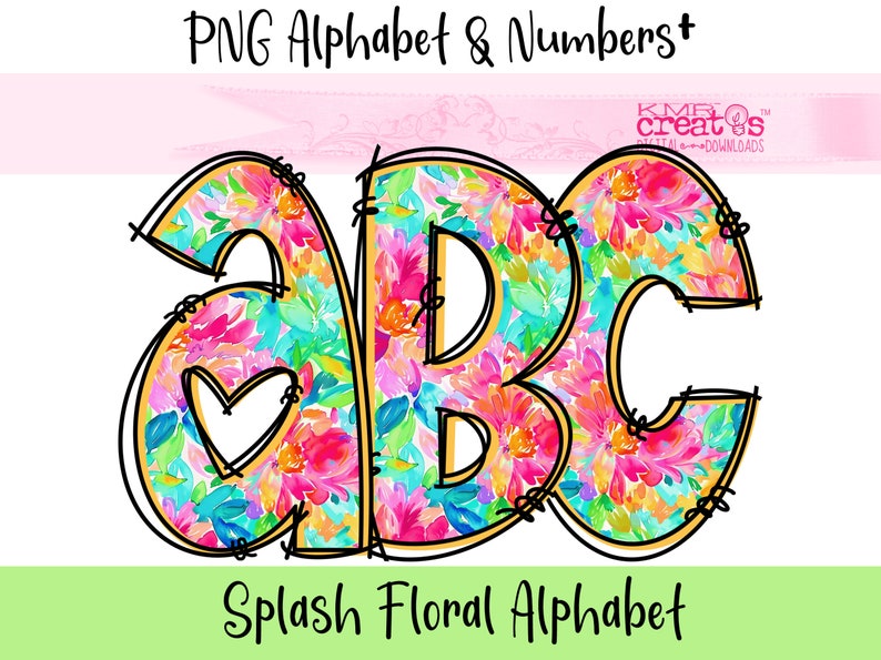 May include: A colorful floral alphabet design featuring the letters A, B, and C. The letters are outlined in black and filled with a vibrant watercolor floral pattern.