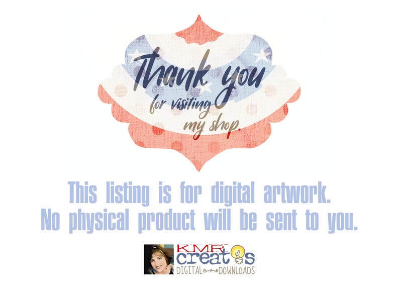 May include: A red, white and blue patriotic-themed thank you sign with white polka dots and the text "Thank you for visiting my shop."