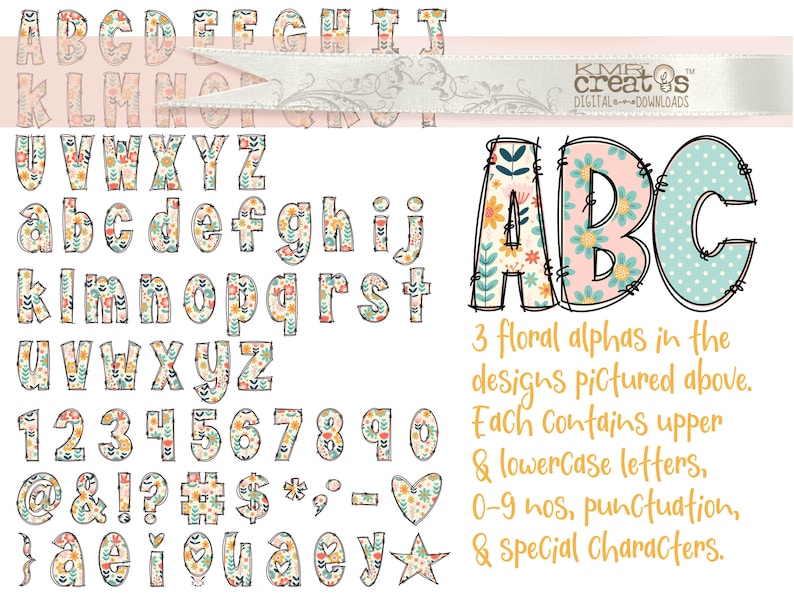Shows the letters of the alphabet, numbers, and some punctuation in a floral clipart alphabet.