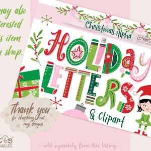 K&ouml;nnte beinhalten: Ein digitaler Download von Weihnachtsbriefen und Clipart. Die Buchstaben sind in einem festlichen Gr&uuml;n-, Rot- und Rosaton gehalten und im Stil von handgezeichneten Illustrationen. Das Clipart enth&auml;lt einen Weihnachtswichtel und eine Geschenkbox.