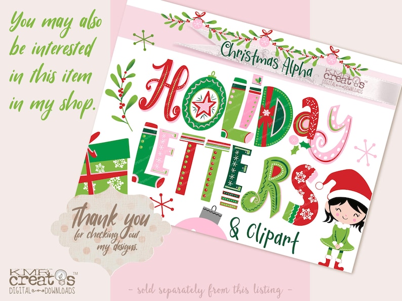 K&ouml;nnte beinhalten: Ein digitaler Download von Weihnachtsbriefen und Clipart. Die Buchstaben sind in einem festlichen Gr&uuml;n-, Rot- und Rosaton gehalten und im Stil von handgezeichneten Illustrationen. Das Clipart enth&auml;lt einen Weihnachtswichtel und eine Geschenkbox.