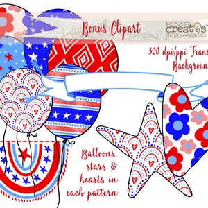 May include: Red, white, and blue balloons, stars, and hearts with different patterns.  300 dpi/ppi Transparent Background pngs.  Bonus Clipart creates DIGITAL DOWNLOADS.