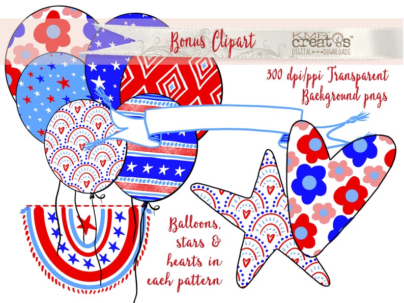 May include: Red, white, and blue balloons, stars, and hearts with different patterns.  300 dpi/ppi Transparent Background pngs.  Bonus Clipart creates DIGITAL DOWNLOADS.