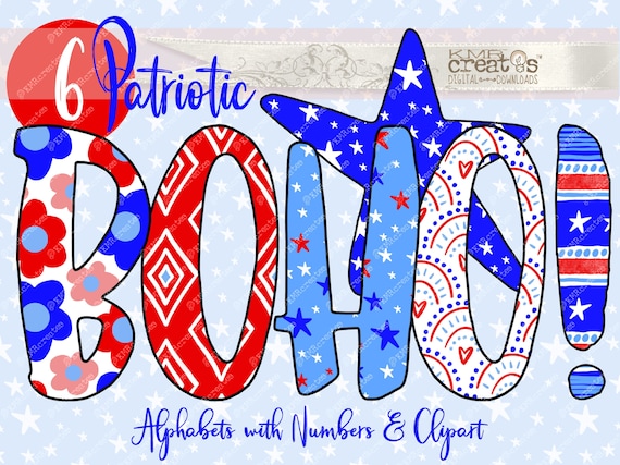 Patriotic Boho Alpha, doodle alphabet font, Americana clipart, stars stripes bundle, patriotic balloons, patriotic letters, 4th of July png