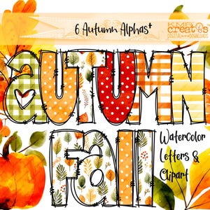 May include: Watercolor design featuring the word "AUTUMN FALL" in various patterns and colors, including polka dots, plaid, and leaf motifs. The image includes a pumpkin, leaves, and the text "Watercolor Letters & Clipart".