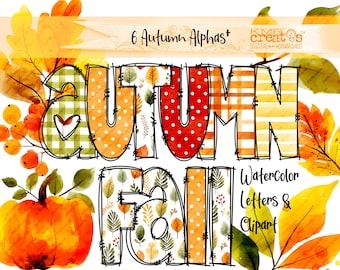 Watercolor Autumn Alphabet, Thanksgiving Font Clipart, Fall Digital Letters, Harvest Pumpkin and Colorful Leaves (Digital PNG Download)