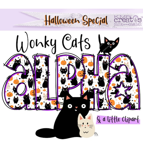 Halloween letters, wonky cat clipart, quirky cat letters, Halloween alphabet, whimsical letters, Halloween clipart, clipart bundle png
