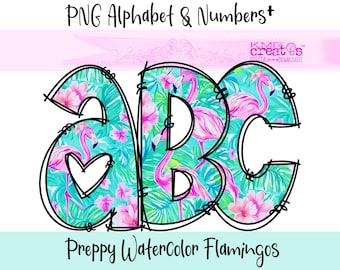 Flamingo Doodle Alphabet PNG: Tropical Preppy Letters (Digital Download)