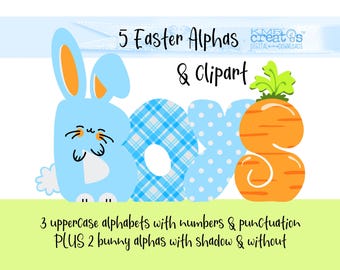 Blue Easter Bunny Alphabet PNG: Polka Dot & Plaid (Digital Download)