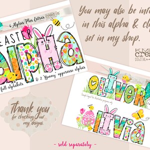 May include: Easter themed alphabet clipart set with colorful letters decorated with eggs, flowers, and bunnies. The set includes 1 full alphabet and 2 bunny uppercase letters. The text "CHEEP" and "EASTER ALPHA" are also included in the image.