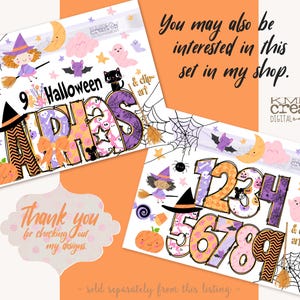 May include: A digital graphic set featuring Halloween-themed letters and numbers decorated with pumpkins, ghosts, bats, spiders, and witches. The designs include text reading 9 Halloween Alphas & clip art and 123456789 & clip art with KMR Creats branding.