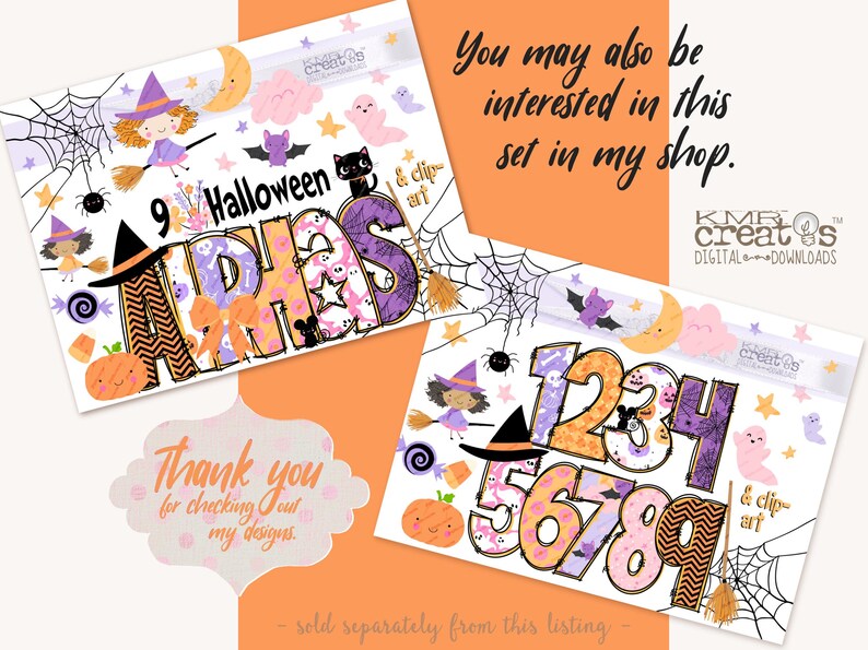 May include: A digital graphic set featuring Halloween-themed letters and numbers decorated with pumpkins, ghosts, bats, spiders, and witches. The designs include text reading 9 Halloween Alphas & clip art and 123456789 & clip art with KMR Creats branding.