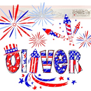 The name Oliver is spelled out in a 4th of July patriotic sublimation of red, white, and blue stars and stripes letters with red and blue fireworks and rockets overhead.