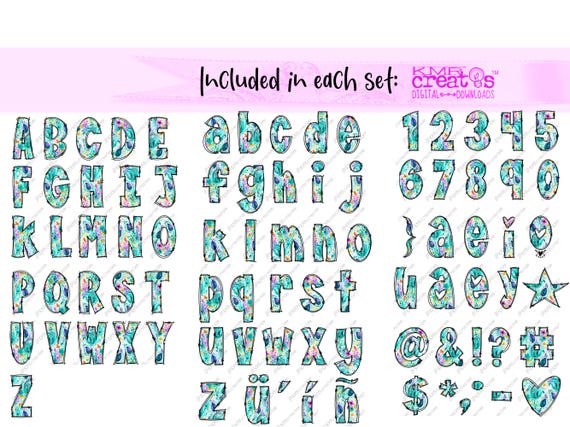Paisley Teal Alpha Doodle Letters PNG, Floral Alphabet Png, Preppy