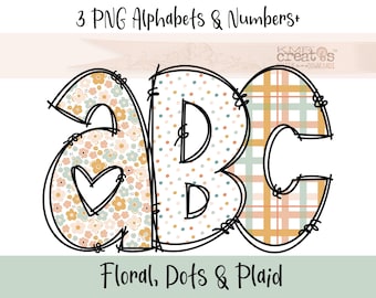 Boho Doodle Alphabet PNG: Floral, Plaid, Polka Dot (Digital Download)