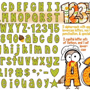May include: A set of green and orange alphabet letters, numbers, punctuation marks, and special characters with a Thanksgiving theme. The letters are decorated with a pattern of pumpkins, leaves, and acorns. There are also two capital letters in the shape of turkeys.