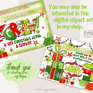 K&ouml;nnte beinhalten: Gr&uuml;nes und rotes Weihnachtsalphabet-Clipart-Set mit gr&uuml;nem Hintergrund. Die Buchstaben sind 7,4 Zoll hoch. Das Clipart enth&auml;lt &uuml;ber 40 Clipart-Bilder und wei&szlig;e Schneeflocken-&Uuml;berlagerungen. Der Text "KMP creates" befindet sich in der oberen rechten Ecke des Bildes.