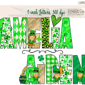 May include: Green and gold digital clipart featuring the names Amelia and Aiden with shamrock and leprechaun designs. 4-inch letters, 300 dpi.