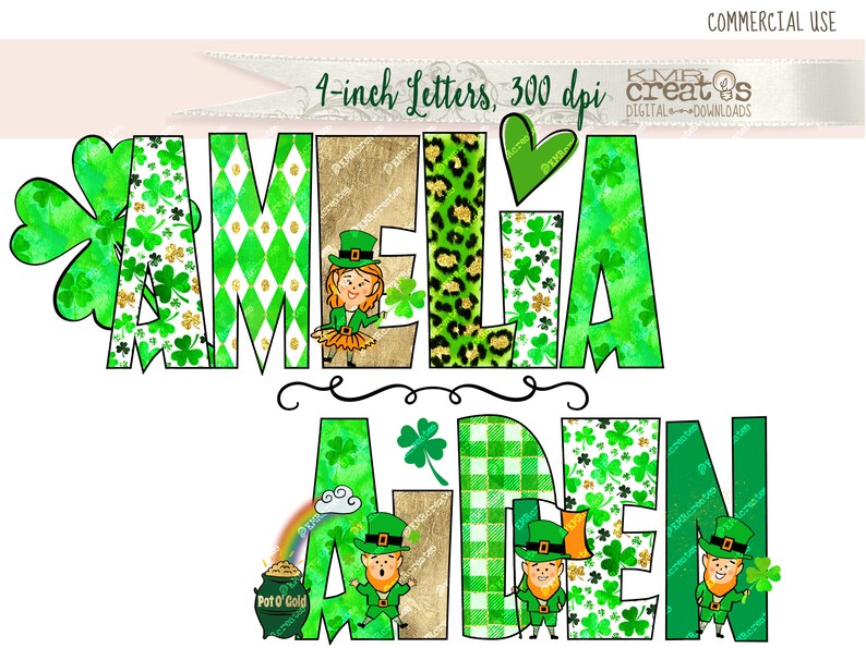 May include: Green and gold digital clipart featuring the names Amelia and Aiden with shamrock and leprechaun designs. 4-inch letters, 300 dpi.