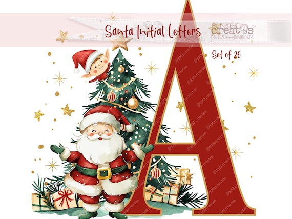 Christmas Alphabet Santa Initial Letter, sublimation mug png, kids Christmas craft, alphabet clipart png, Christmas tree elf, watercolor