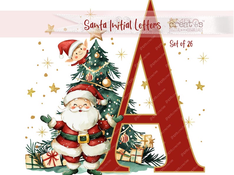 Illustration of a cheerful Santa Claus in a red suit standing beside a large "A" initial letter and a decorated Christmas tree with golden ornaments and a star topper. A smiling elf peeks out from the tree and wrapped presents sit under the tree, with golden stars and sparkles scattered around the scene. Text reads Santa Initial Letters and Set of 26.