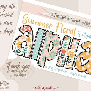 May include: A digital download of three sets of alphabet letters and clipart featuring a summer floral design. The letters are outlined in black and filled with a colourful floral pattern. The text "Summer Floral & Clipart" is written in black above the letters. The text "3 Full Alphas Clipart" is written in black above the text "Summer Floral & Clipart". The text "3 png lettersets + extra vowels" is written in black below the letters. The text "sold separately" is written in black below the text "3 png lettersets + extra vowels".