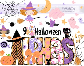 Cute Halloween Alpha Letters and Clipart, Halloween alphabet, clipart bundle png, alpha doodle letters, cute bat alphabet, cute ghost letter