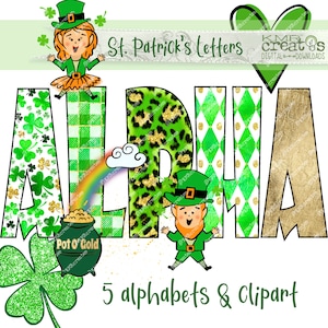 May include: St. Patrick's Day themed alphabet letters with a green, white, and gold color scheme. The letters are decorated with shamrocks, rainbows, and leprechauns. The letters spell out the word "ALPHA".