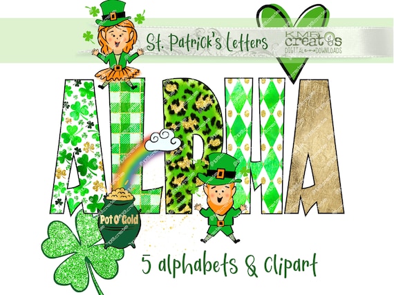 St Patricks Day png St Patricks letters, leprechaun clipart, Shamrock png, St Patricks alphabet, St Patricks clipart, Green gold glitter