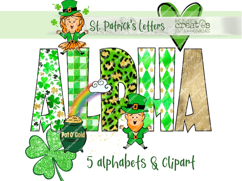 May include: St. Patrick's Day themed alphabet letters with a green, white, and gold color scheme. The letters are decorated with shamrocks, rainbows, and leprechauns. The letters spell out the word "ALPHA".