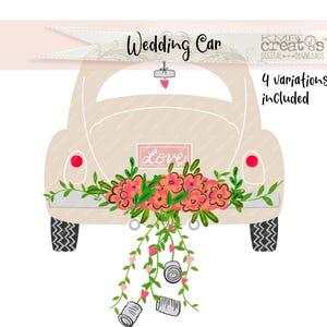 Neutralny samochód ślubny, nowożeńcy Clipart, ogłoszenie o ślubie, clipart samochodu ślubnego, zaproszenie na ślub, clipart dnia ślubu, sztuka przyjęcia