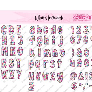 May include: A set of colorful alphabet letters, numbers, and symbols with a floral pattern. The letters are uppercase and lowercase. The numbers are 1 through 0. The symbols include punctuation marks, a heart, a star, and a dollar sign.