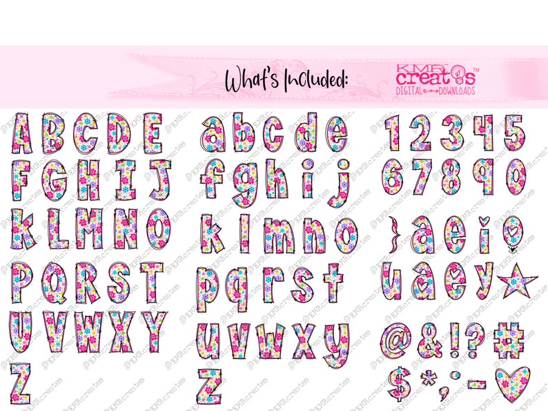 May include: A set of colorful alphabet letters, numbers, and symbols with a floral pattern. The letters are uppercase and lowercase. The numbers are 1 through 0. The symbols include punctuation marks, a heart, a star, and a dollar sign.