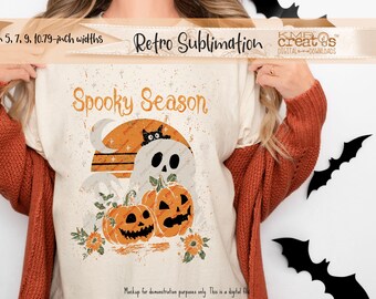Retro Halloween Sublimation Design PNG: Spooky Season Pumpkins, Ghosts, Cat (Digital Download)