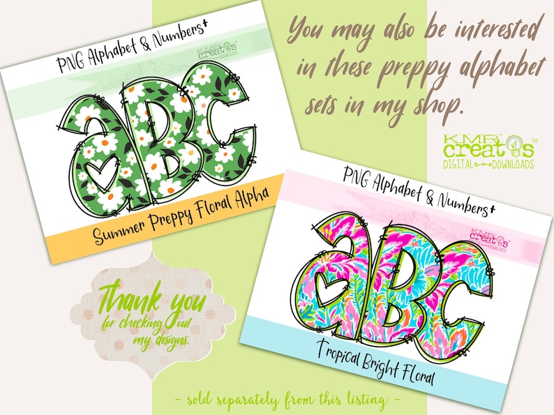 May include: Two digital designs for alphabet letters A, B, and C. The first design is a green and white floral pattern with a heart shape in the letter A. The second design is a pink, blue, and green tropical floral pattern with a heart shape in the letter A. Both designs have a black outline and are labeled "Summer Preppy Floral Alpha" and "Tropical Bright Floral".
