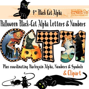 Letras de Halloween, alfabeto de gato preto, design retrô vintage, letras de gato vintage, clipart de gato preto, alfabeto de Halloween, fonte de Halloween png,