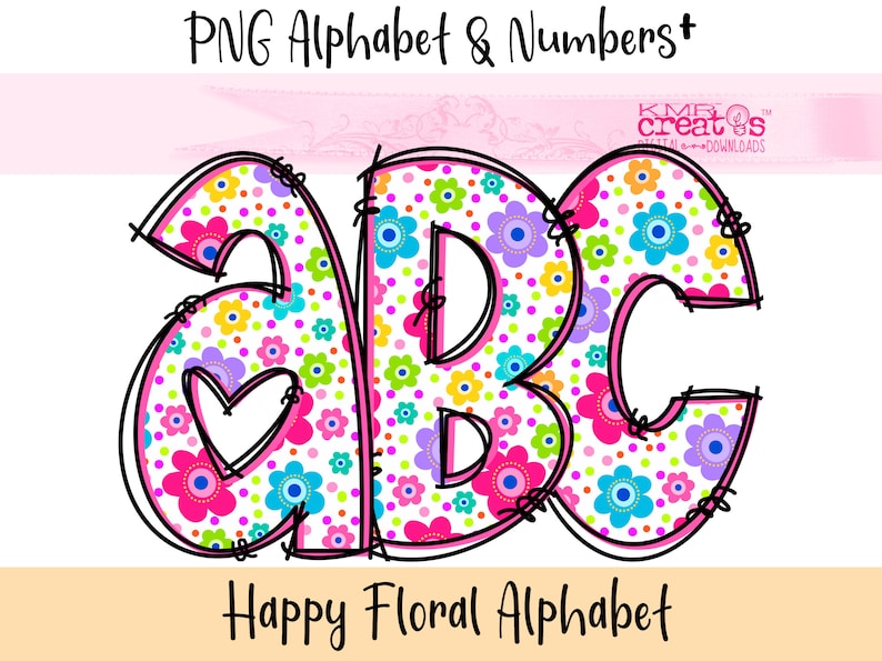 May include: A pink, white, and blue floral alphabet design with the letters A, B, and C. The letters are outlined in black and have a white background with a floral pattern.