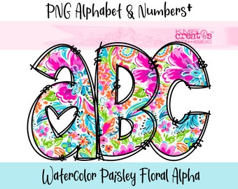 Paisley Floral Alpha Doodle Letters PNG, floral alphabet png, bright rainbow alpha, floral numbers png, alpha doodle letters, png flower