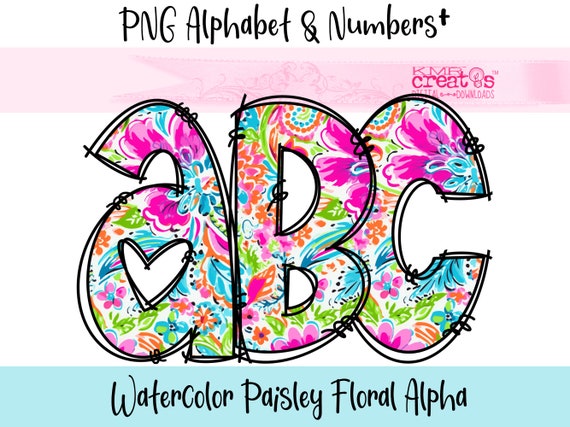 Paisley Floral Alpha Doodle Letters PNG, floral alphabet png, bright rainbow alpha, floral numbers png, alpha doodle letters, png flower