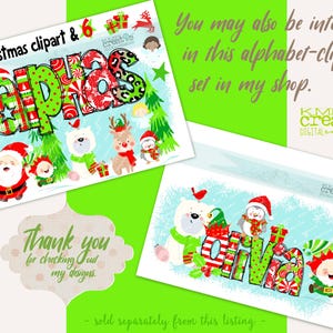 May include: Digital Christmas clipart set featuring the text 'alphas' and 'Olivia' in patterned letters, surrounded by illustrations of Santa Claus, elves, a polar bear, a reindeer, a penguin, and gifts, with the KMR Creats logo and text.