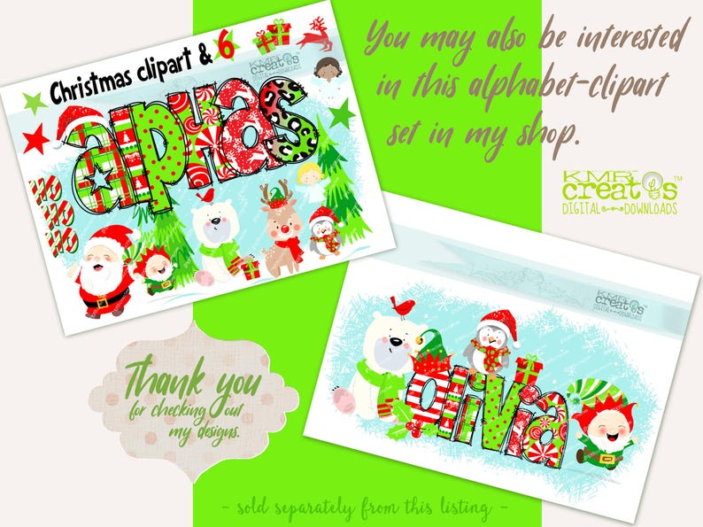 May include: Digital Christmas clipart set featuring the text 'alphas' and 'Olivia' in patterned letters, surrounded by illustrations of Santa Claus, elves, a polar bear, a reindeer, a penguin, and gifts, with the KMR Creats logo and text.