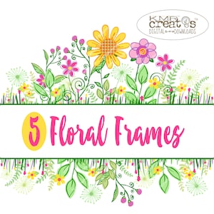 Floral Split Border Frame PNG: Botanical Clipart, Bright, Neutral, Patriotic Colored Flowers (Digital Download)