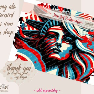 Może przedstawiać: Cyfrowa ilustracja w stylu pop-art przedstawiająca Statuę Wolności w kolorach czerwonym, białym i niebieskim. Obraz nosi tytuł "Lady Liberty Pop Art Sublimation".