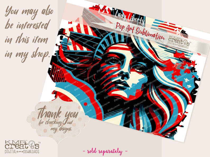 Może przedstawiać: Cyfrowa ilustracja w stylu pop-art przedstawiająca Statuę Wolności w kolorach czerwonym, białym i niebieskim. Obraz nosi tytuł "Lady Liberty Pop Art Sublimation".